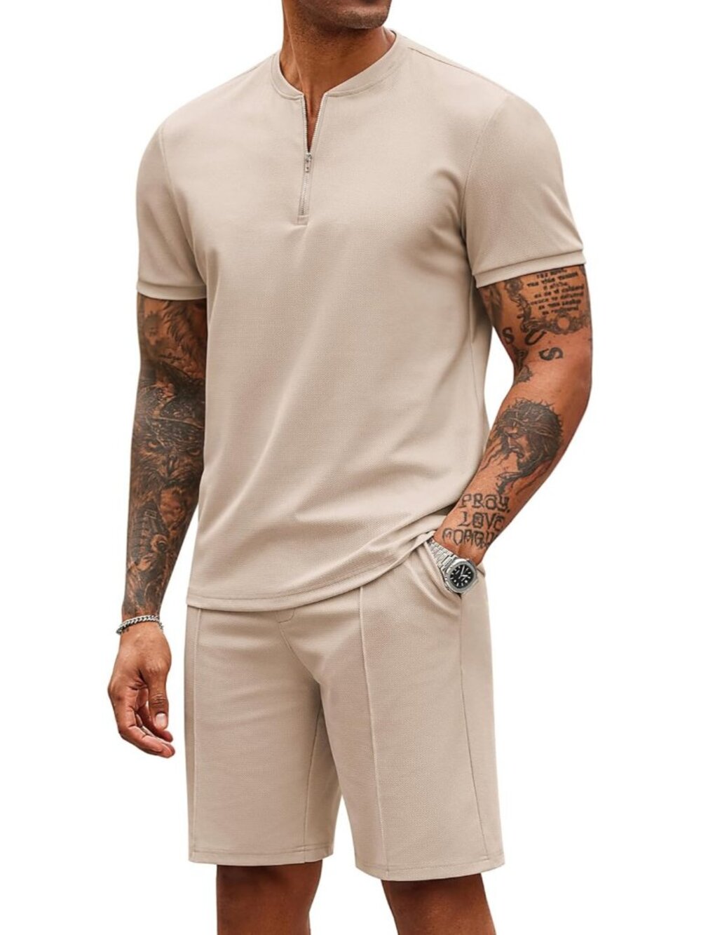 Coofandy Men's Champagne Polyester Shorts Zip Polo T Shirt 2 Pieces Tracksuit